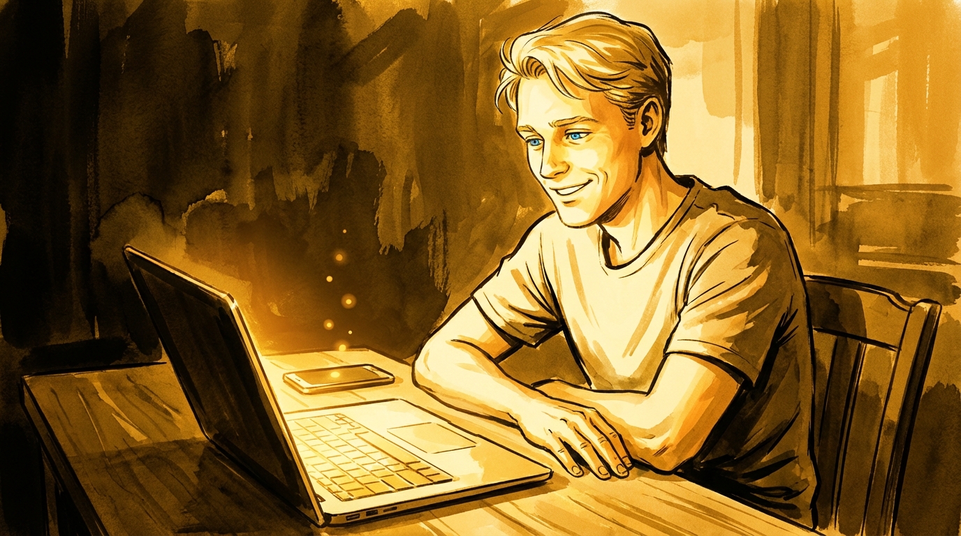 Ink wash illustration: a silhouette stands before glowing screens showing upward-trending graphs, amber light radiating in the darkness