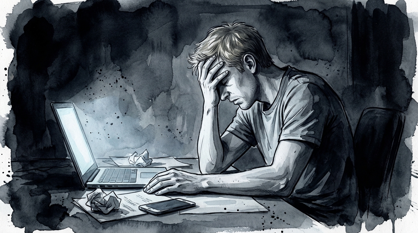 Ink wash illustration: a hand crumpling a newspaper while its intact shadow lies flat on the desk below