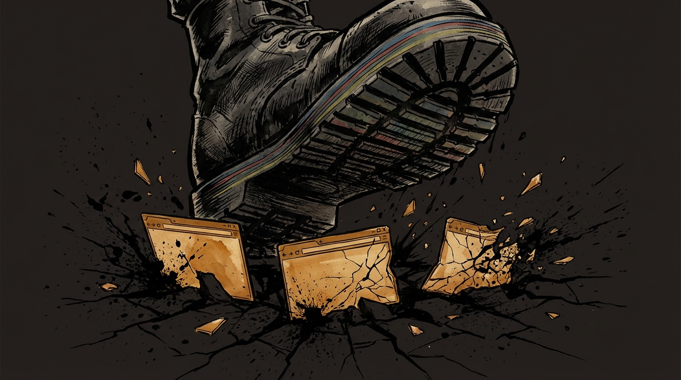 Ink wash illustration: a massive boot sole crushes amber browser windows, glass shattering, debris scattering across dark ground