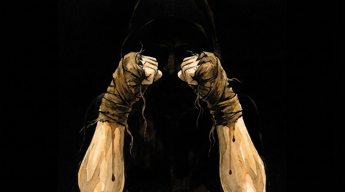 Ink wash illustration: two wrapped fists raised straight up into an amber spotlight, dark silhouette of a fighter below, ink and blood dripping from the wraps