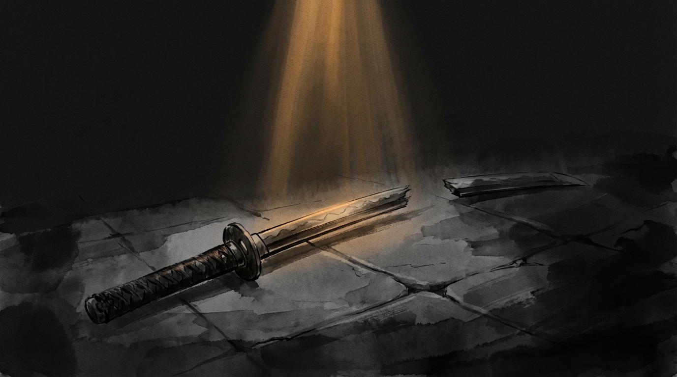 Sumi-e ink wash illustration: a katana broken in two on dark stone, amber light catching the blade at the break point, vast darkness above