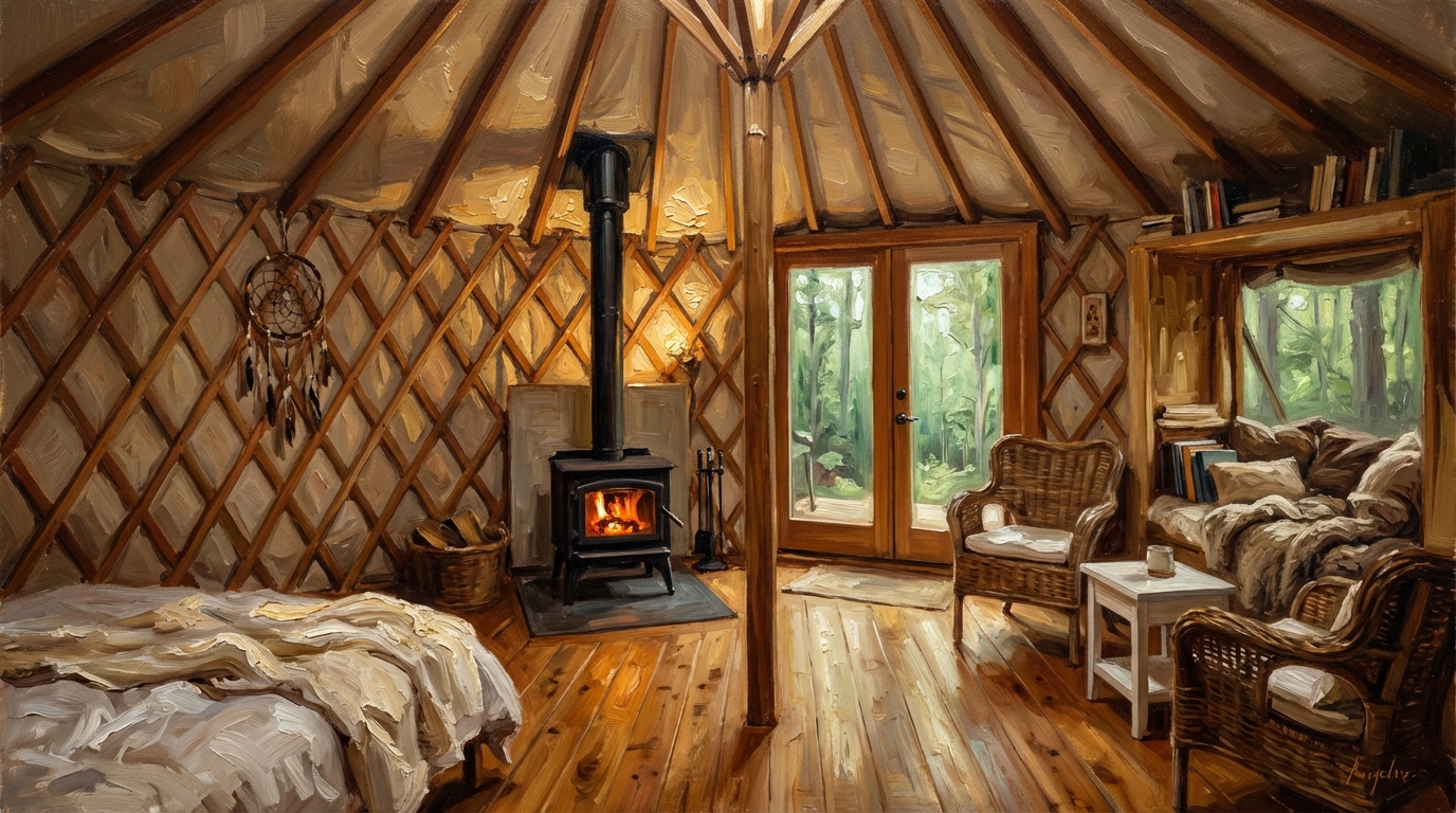 Oil painting of a yurt interior: wood stove, wooden floor, warm golden light