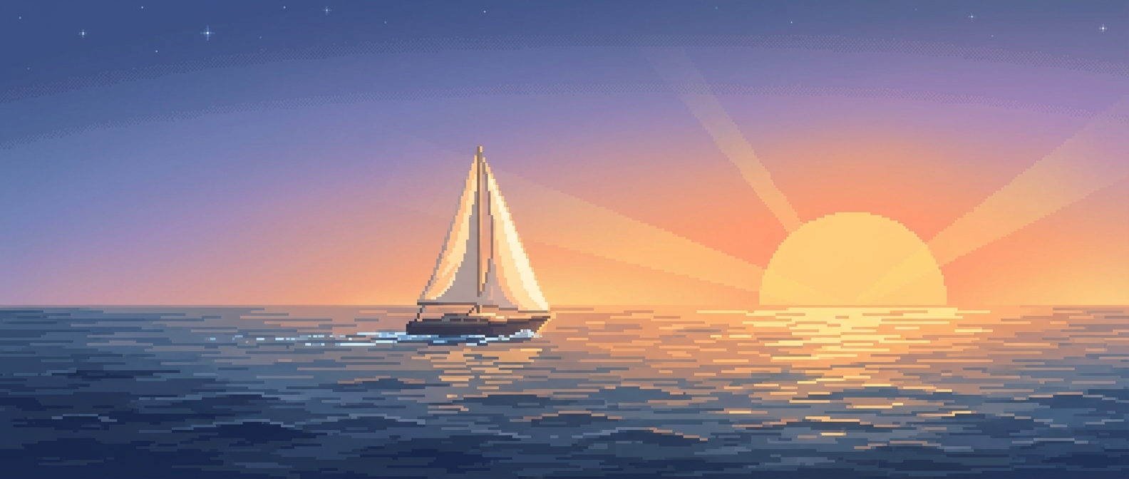Pixel art: a sailboat on calm water heading toward a warm sunrise, stars still visible in the fading night sky